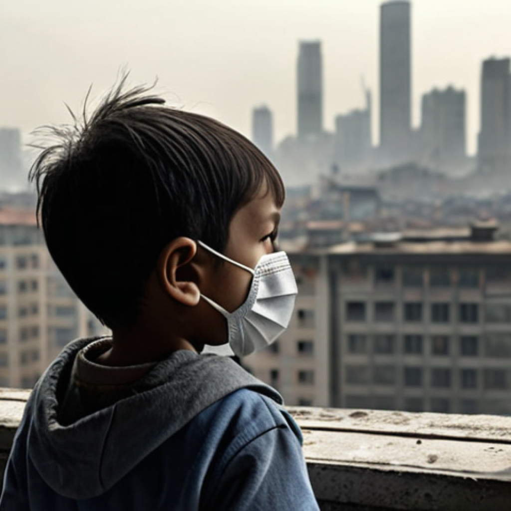 A child wearing a KF mask looks out the window at a grey, polluted cityscape, emphasizing the vulnerability of children to air pollution.