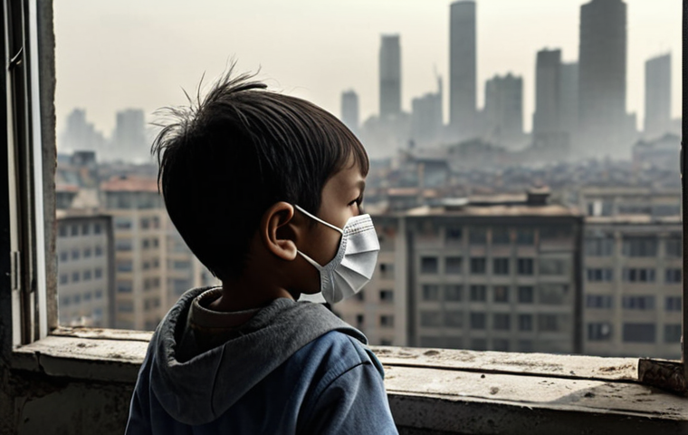 A child wearing a KF mask looks out the window at a grey, polluted cityscape, emphasizing the vulnerability of children to air pollution.