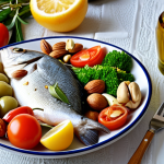 A serene Mediterranean scene depicting a healthy meal with olive oil, fish, fresh vegetables, fruits, and nuts, emphasizing a vibrant and active lifestyle.