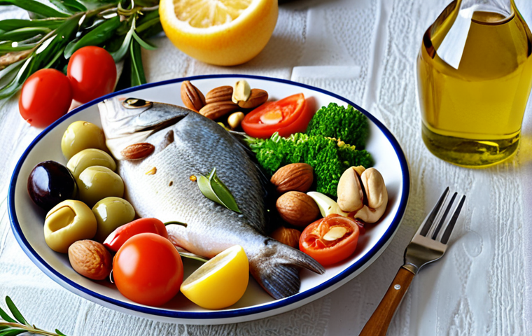 A serene Mediterranean scene depicting a healthy meal with olive oil, fish, fresh vegetables, fruits, and nuts, emphasizing a vibrant and active lifestyle.